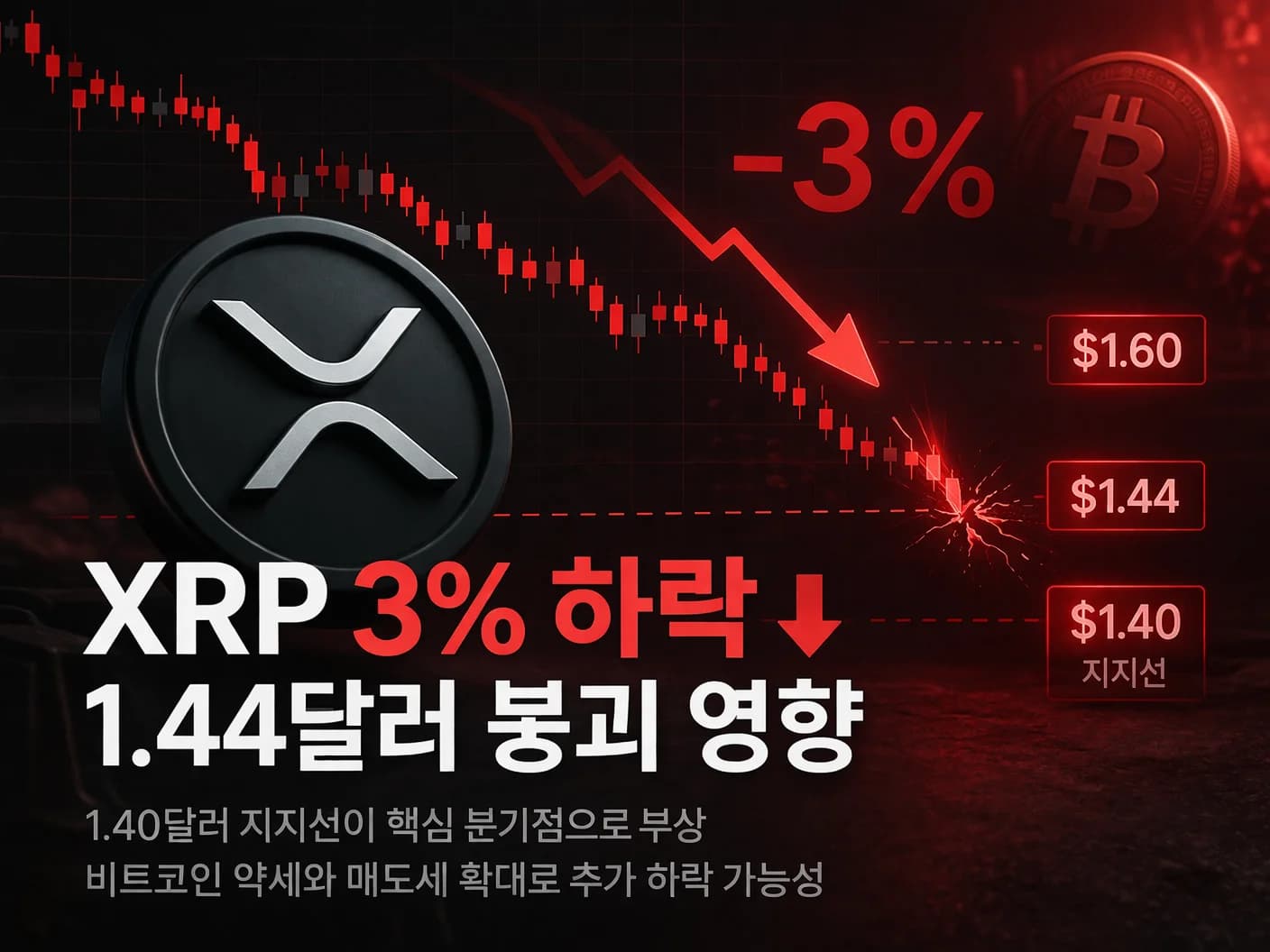 XRP 3% 하락 1.44달러 붕괴 영향